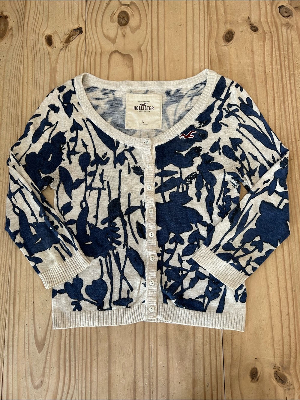 Hollister Cream 3/4 Sleeves Button Up Cardigan with Navy Floral Print